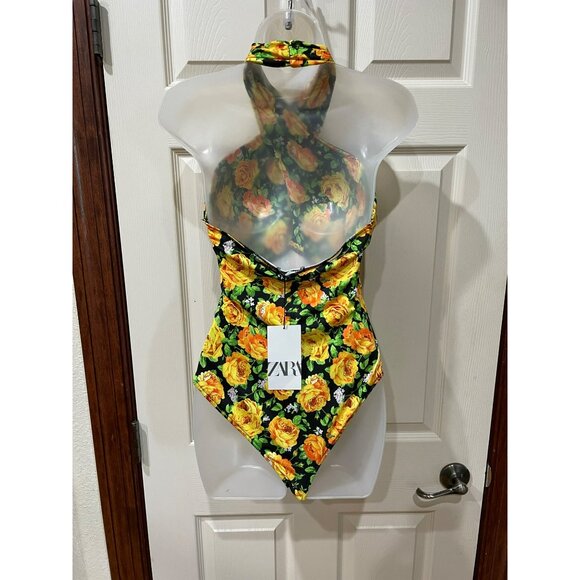Zara Womens Yellow Floral Halter Neck Bodysuit Size M - Picture 2 of 6